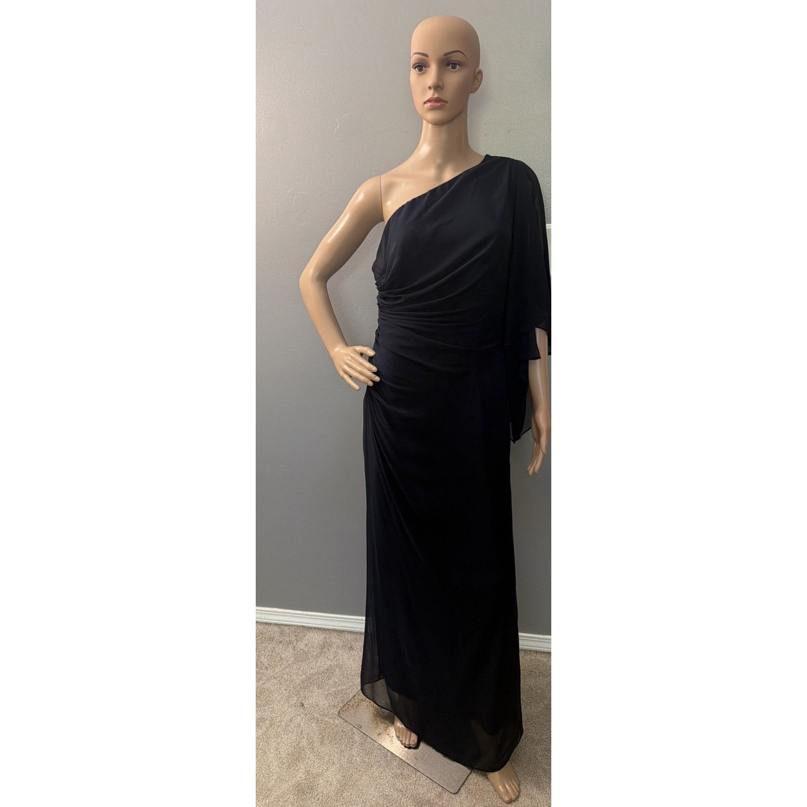 Vintage Tadashi Shoji Chiffon One Shoulder Gown Blue Ruched Formal Maxi Sz 6 Usa
